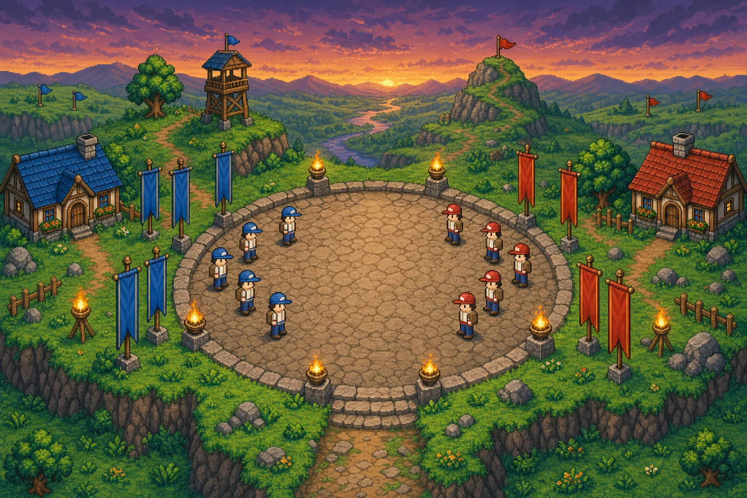 Pixel-art illustration of two groups of trainers with blue and red banners in an arena at dusk