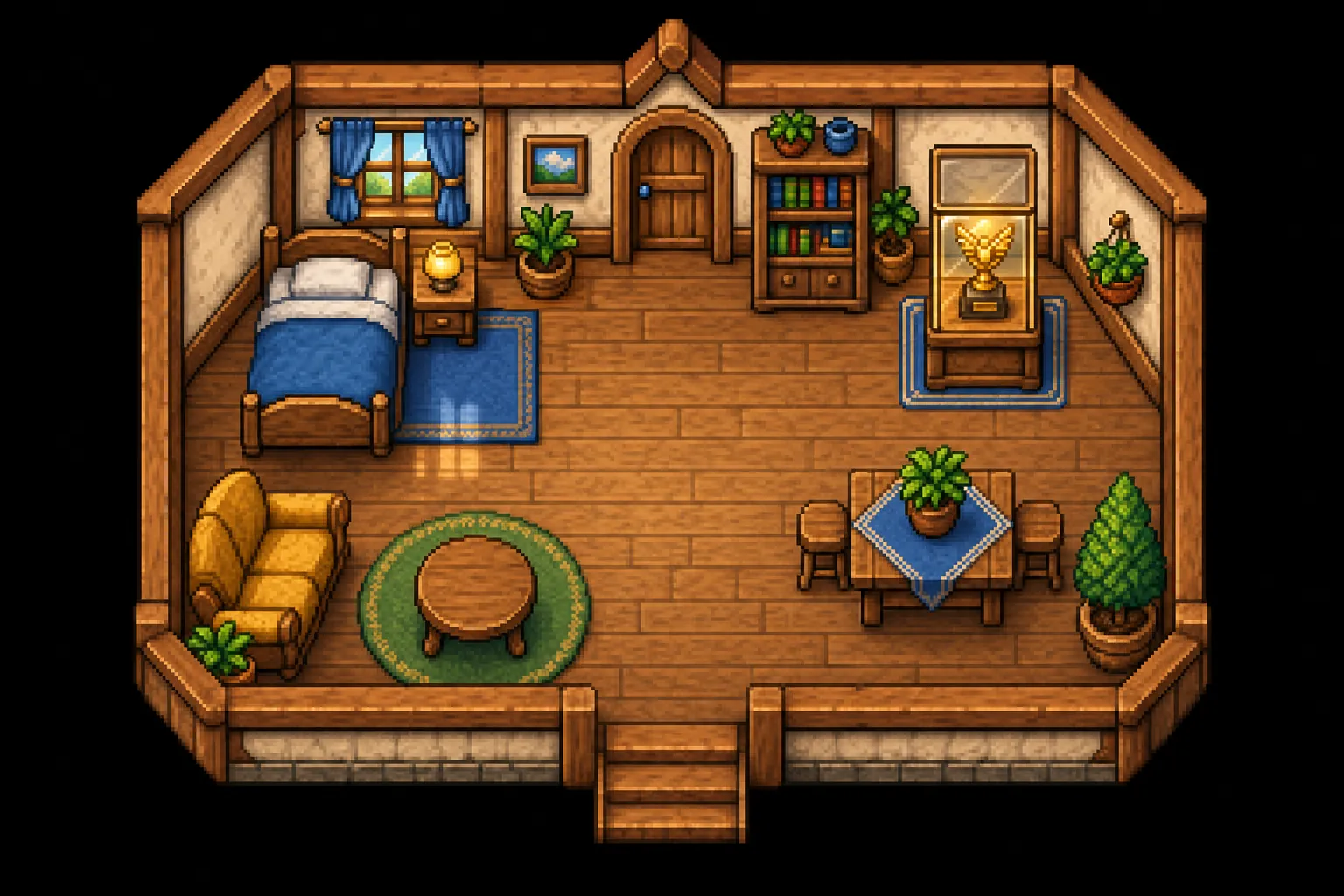 Pixel-art illustration of a cozy room with a bed, sofa, bookshelf and a lit showcase