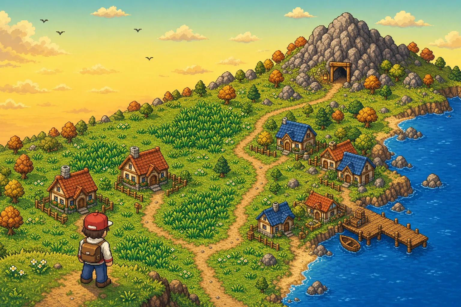 Pixel-art illustration of a coastal village with a route, a mountain and a cave at sunset