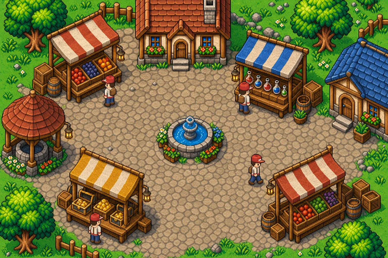 Pixel-art illustration of a market square with colorful stalls and trainers making deals