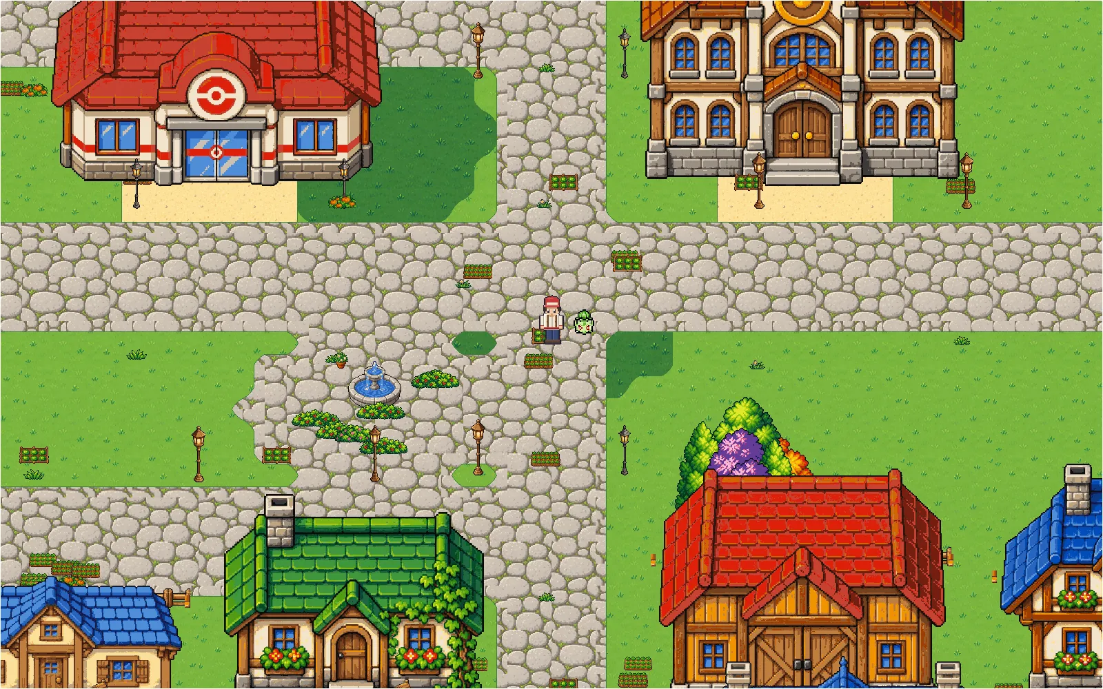 Cerulean City in POKÉDEX IDLE: red-roofed Pokémon Center, stone plaza with a fountain and the Gym