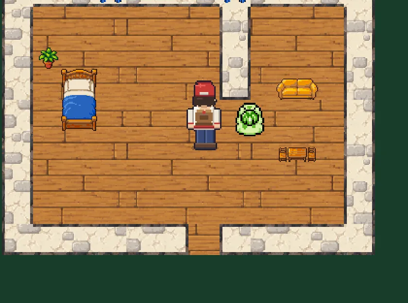 A house interior in POKÉDEX IDLE with a bed, plant, sofa and table placed by the player