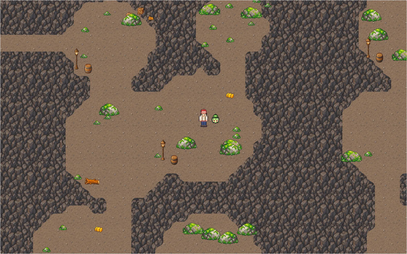 Mt. Moon in POKÉDEX IDLE: cave corridors with rocks and a lantern
