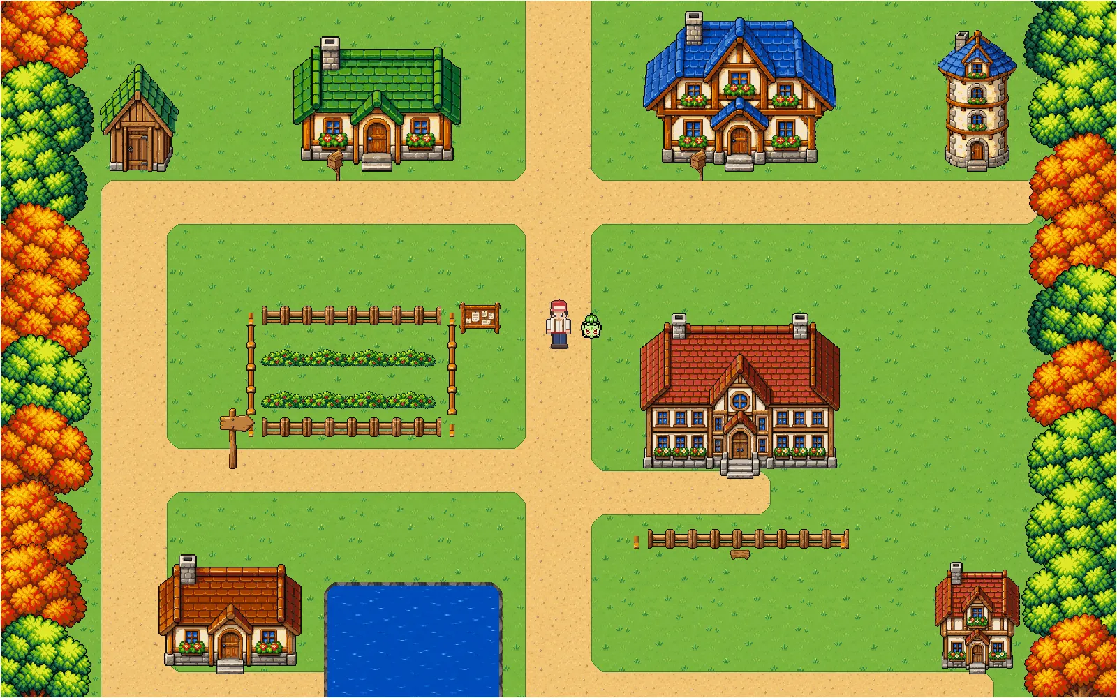 Pallet Town in POKÉDEX IDLE: green, blue and red-roofed houses around dirt paths