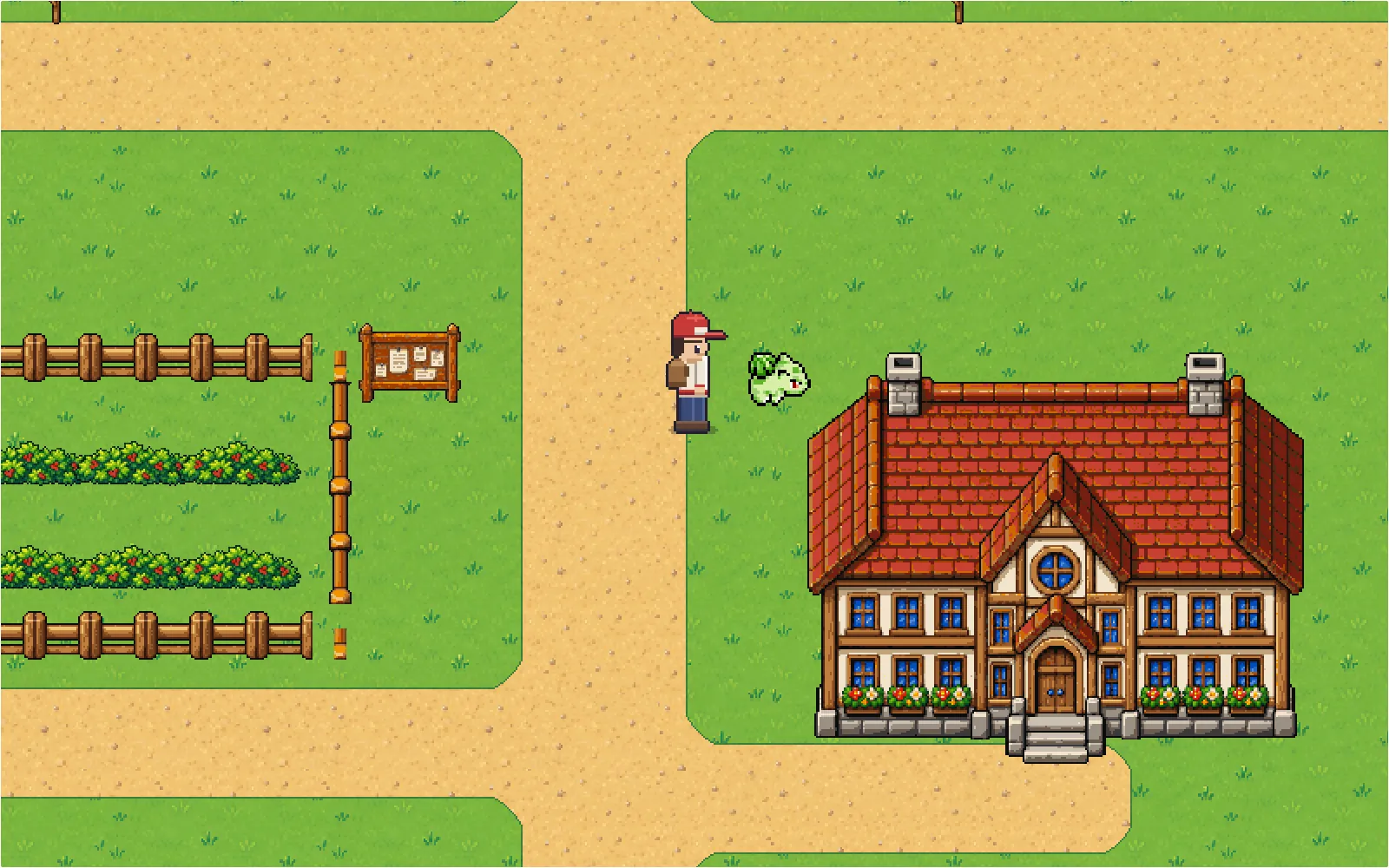 An POKÉDEX IDLE trainer on a Pallet Town dirt path, with their partner Pokémon alongside and the big red-roofed house