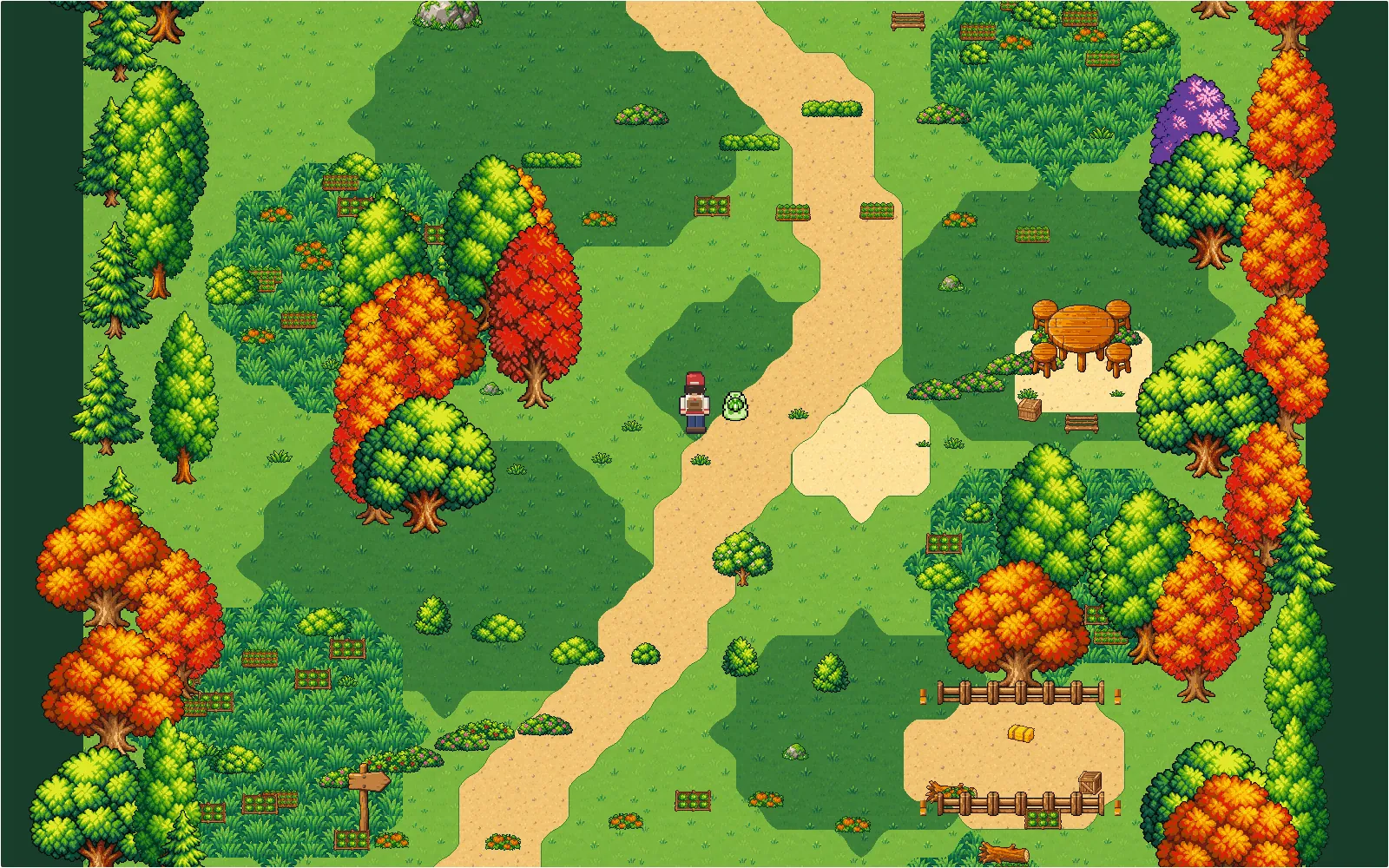 Route 1 in POKÉDEX IDLE: a dirt trail between autumn trees and tall grass